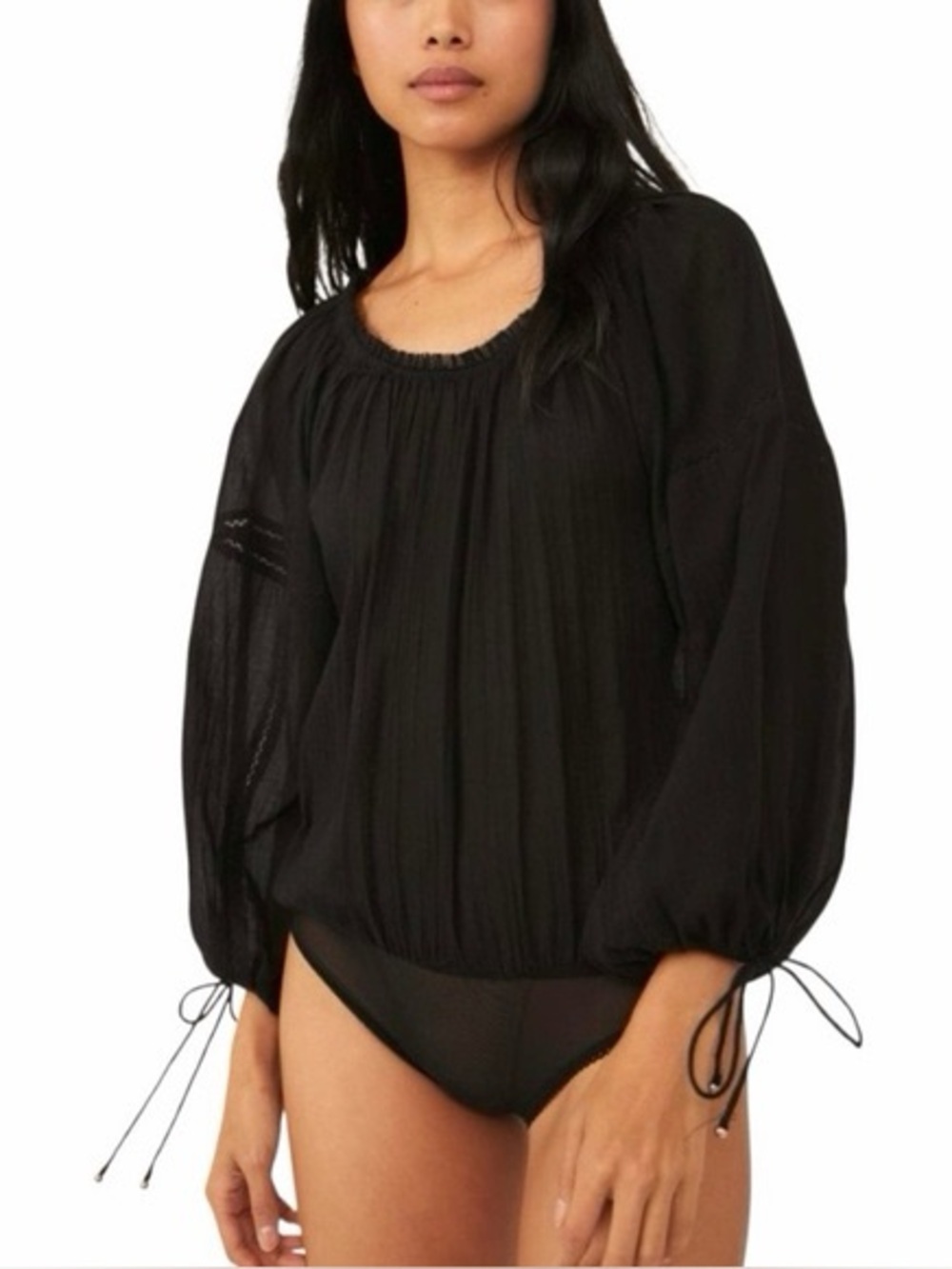 Free People Sundown Balloon Sleeve Black Bodysuit - Size Small New With Tags